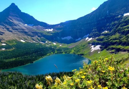 Mountain lake - pretty, summer, blue, beautiful, slope, lovely, peaks, crystal, mountain, flowers, shore, nature, view, clear, lake, nice