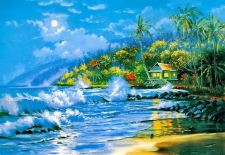 Tropical paradise - nice, cottage, sky, beach, paradise, greenery, painting, art, pretty, reflection, house, moon, sands, palm trees, ocean, light, palms, tropical, lovely, waves, nature, blue, beautiful, stones, cabin, sea