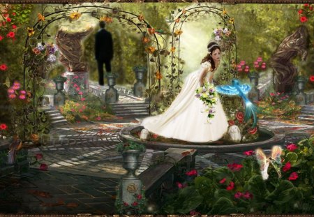 DREAM WEDDING - male, wedding, female, bride, bird, white, groom, flowers, dreamy, garden, dress