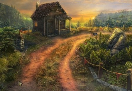 The Little Cabin - bird, trees, fantasy, sunset, cabin, rock, road