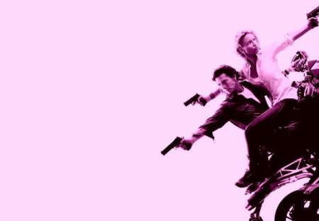 Knight and Day (2010) - pink, black, actress, tom cruise, blonde, gun, actor, bike, cameron diaz, movie, woman, knight and day, man