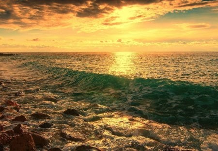 waves on a rocky shore under golden sky - clouds, shore, waves, sea, golden, rocks