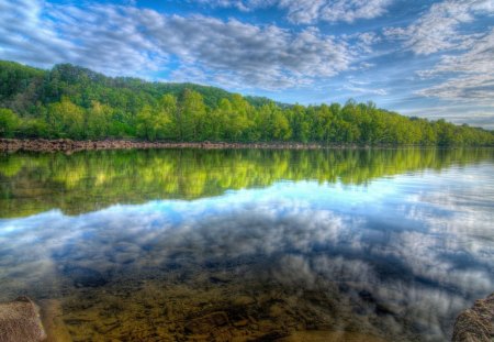 beautiful clear mirror lake hdr - lake, reflection, forest, clouds, clear, hdr