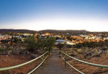 anzac hill overlooking alice springs australia - hill, town, lights, sundown, steps