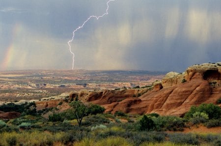 lightning in a rain storm in arches np utah - lightning, desert, mesa, rain