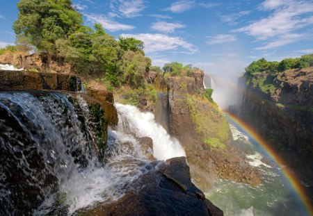 rainbow at victoria falls gorge - gorge, rainbow, trees, waterfalls, cliffs