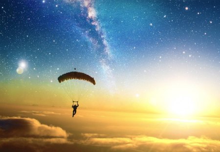 Parachute jump - people, blue, air, parachute, stars, space, human, fly, cloud, jump, sky