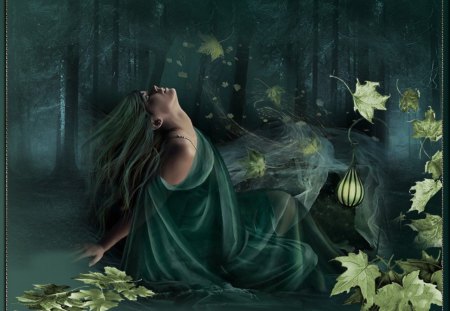 WORSHIP THE NIGHT - FOREST, WORSHIP, DRESS, GREEN, FEMALE, TREES, LEAF, NIGHT