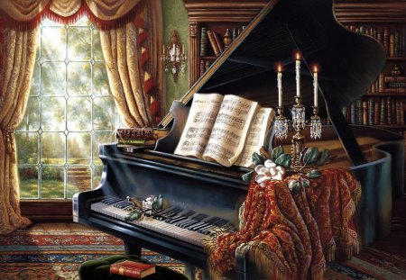 The Music Room - flowers, music, fantasy, painting, room, candles