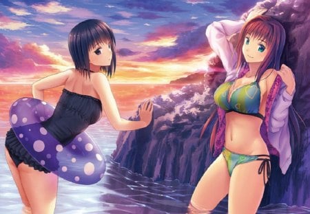 Aoko & Alice - girls, sky, game, bikini, water, summer, sea, cg