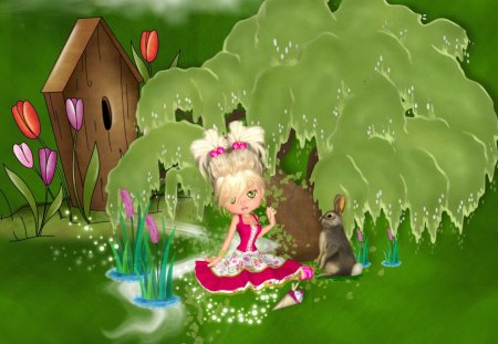 Spring is Coming - clouds, rabbit, trees, blue, brown, girl, spring, pink, bunny, flowers, tulips, white, purple, green, cute, sky