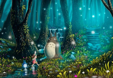 *Totoro and Mei, Excursion* - trees, insects, TV, Movies, Fan Art, Excursion, grass, Painting, flowers, forests, Digital Art, Totoro and Mei, plants, animals, Airbrushing