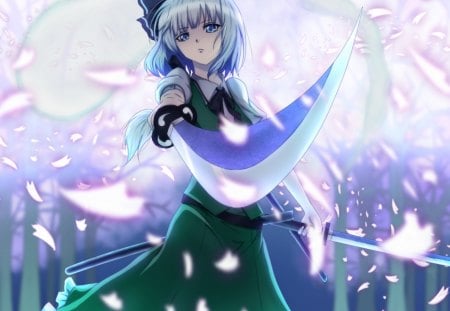 Konpaku Youmu - konpaku youmu, female, hot, anime girl, angry, blade, touhou, petals, anime, sword, short hair, cute, sexy, mad, girl, pink, weapon, white hair