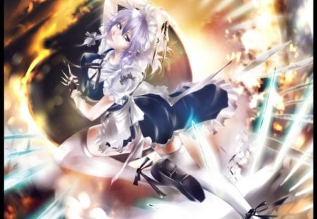 Izayoi Sakuya - anime, female, light, short hair, touhou, rapier, fire, hd, weapon, apron, purple hair, abstract, anime girl, girl, maid, izayoi sakuya, glow, knife