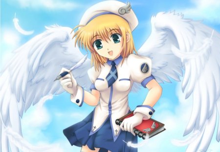 Herald of Heaven - book, cute, blond hair, pen, blonde, hot, anime girl, girl, wings, white, blond, blonde hair, uniform, feather, short hair, wing, anime, cap, sexy, female, angel