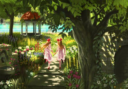 Flower Garden - anime, kawaii, female, scenery, blossom, scene, children, plant, long hair, child, garden, hd, nice, preetty, anime girl, kid, running, beautiful, run, girl, scenic, beauty, lovely, sweet, flower, petals, tree, nature, cute, floral, park