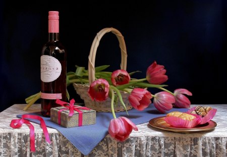 Still Life - tulips, flowers, sweet, still life, cakes, moments, home, wine, gift