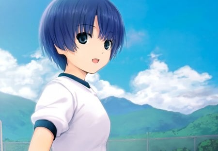 Blue Head - cute, hot, anime girl, girl, scenery, view, scenic, mountain, blue hair, cloud, short hair, anime, hd, sky, hill, sexy, scene, female