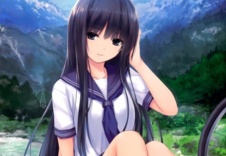 Mountain View - forest, cute, hot, anime, anime girl, girl, hd, long hair, hill, black hair, sexy, female, mountain