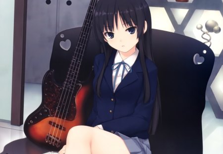 Akiyama Mio - female, hot, guitar, superstar, singer, anime girl, black hair, k on, mio, idol, anime, cute, sexy, girl, long hair, hd, chair, diva, akiyama mio