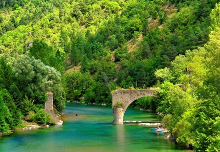 River walk - greenery, trees, slope, walk, rest, mountain, stones, boats, river, nature, view, lake, bridge, canoe