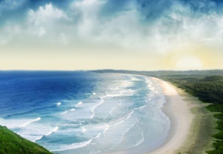 COASTAL SUNSET - green, beach, sunset