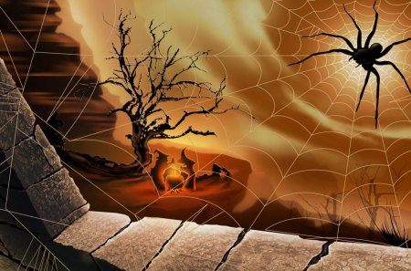 Spider Watching Witches - brick wall, spider, night, cauldron, witches, tree, spiderweb