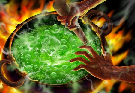 Bubbling Cauldron - hands, witches hands, flames, potion, brew, bubbles, fire, halloween, witch, bubbling mixture, burn, cauldron, mix