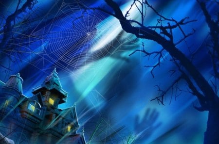 Dark Night - spiderweb, spooky, house, tree, night