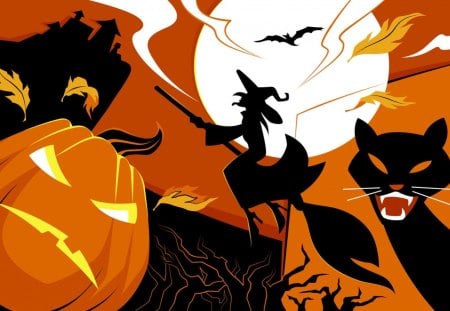 Halloween Symbols - black cat, halloween, pumpkin, full moon, witch riding broom, bat