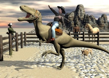 Dinosaur Wrangler - wranch, coral, cowboy, dinosaur, dessert, mountains, fence, sand