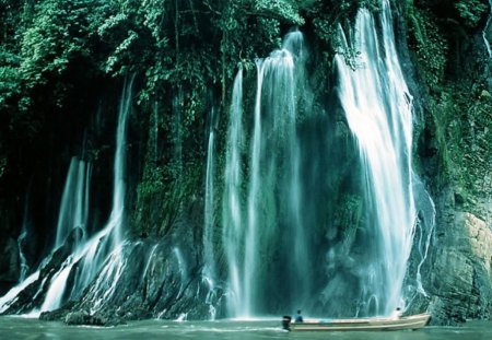 Natures Waterfall - nature, lake, water, green, canoe, waterfall