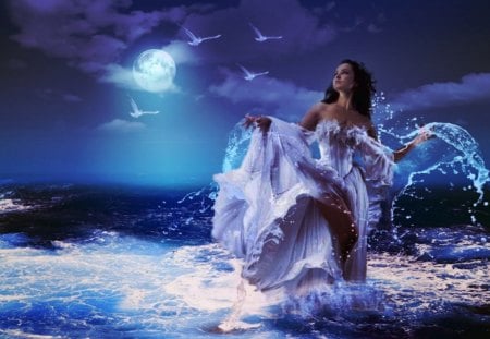 dreaming - moon, girl, night, dream, sea, fantasy