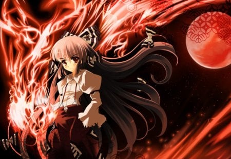 Burning Flame - anime, anime girl, fire, spell, red moon