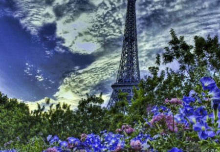 STUNNING SHOT! - flowers, tower, trees, clouds