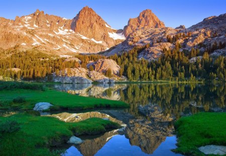 gorgeous reflection landscape - lake, grass, forest, mountains, reflection