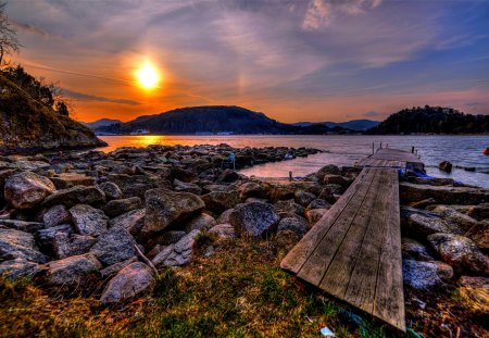 BEAUTIFUL DUSK - lake, rocks, water, hills, pier, sunset, dock, timber