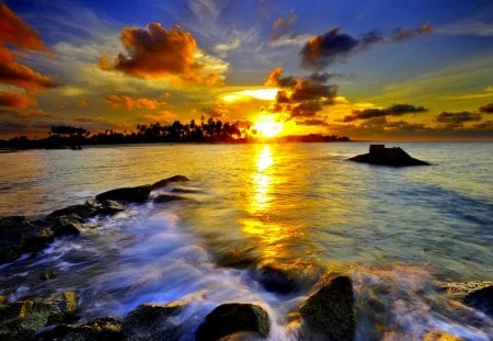 SUNSET - palm trees, sunset, bay, sea, rocks