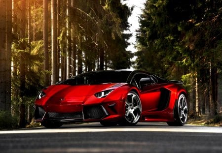 LAMBORGHINI AVENTADOR - Lamborghini, awesome, red, Forest, Aventador