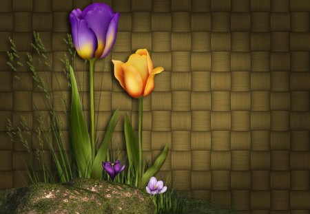 ✼.Tulips of Fantasy.✼ - pretty, splendor, grass, premade BG, leaves, flowers, plants, trees, digital Art, beautiful, backgrounds, colors, lovely, sweet, fantasy, tulips, nature, stock images, cute, rocks