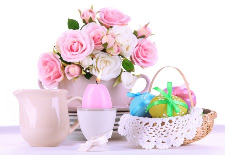 Wonderful arrangement - eggs, roses, candle, holidays, pink, Easter, flowers, basket, colorful, ribbon, pastel