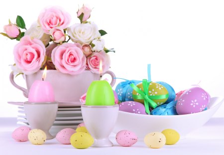 Easter arrangement - eggs, roses, decoration, holidays, pink, Easter, harmony, flowers, colorful, arrangement, pastel