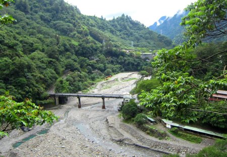 Landscape - riverbed, bridge, landscape, mountain