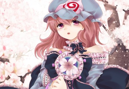 Saigyouji Yuyuko - female, cap, hot, hat, anime girl, saigyouji yuyuko, touhou, cherry blossom, petals, sakura blossom, anime, cute, short hair, sexy, girl, floral, sakura, pink, blossom, flower