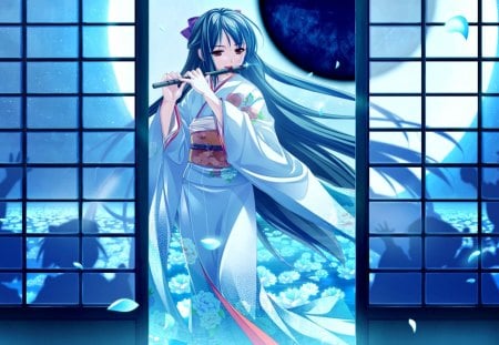 Tsukumo no Kanade - pretty, anime, elegant, female, blue, maiden, night, long hair, lady music, melody, gorgeous, blue hair, flute, hd, nice, moon, anime girl, beautiful, hot, girl, beauty, kimono, lovely, sweet, flower, petals, yukata, cute, sexy