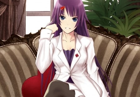 Senjougahara Hitagi - pretty, anime, female, maiden, senjougahara hitagi, bakemonogatari, long hair, hd, nice, purple hair, anime girl, beautiful, hot, girl, beauty, lovely, sweet, chair, lady, cute, sexy