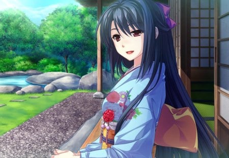 At House Garden - sexy, hot, girl, female, long hair, water, anime girl, home, anime, yukata, house, kimono, garden, pond, cute