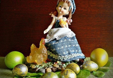 Still Life - eggs, holidays, Easter, still life, toy, doll