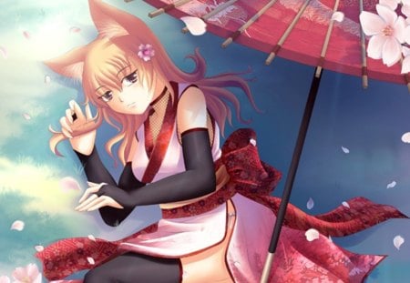 Spring Fox - flower, cute, neko, blossom, hot, lying, anime girl, girl, umbrella, floral, nekomimi, anime, yukata, long hair, kitsune, petals, neko mimi, sexy, kimono, female