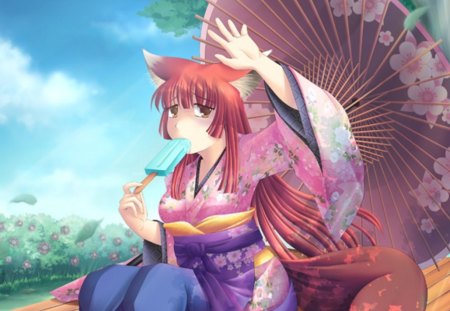 Summer Fox - cute, neko, hot, anime girl, girl, umbrella, eating, eat, food, nekomimi, anime, yukata, ice cream, long hair, kitsune, neko mimi, sexy, kimono, female